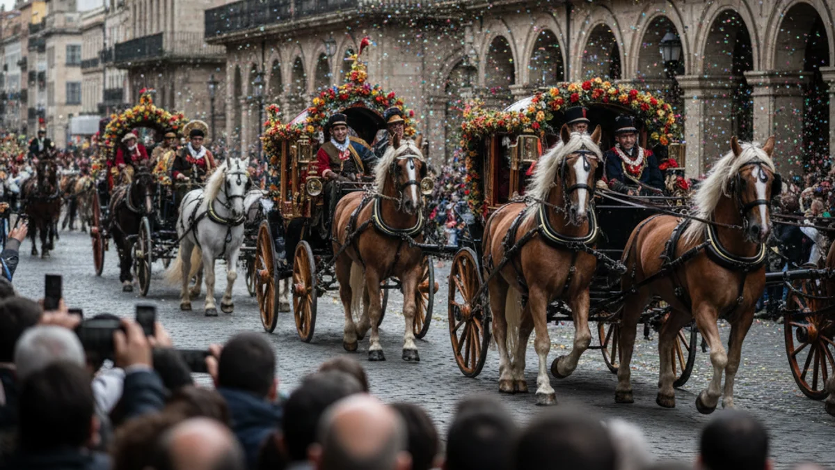 Imatge genèrica d'una desfilada tradicional amb carruatges i animals pels carrers d'una ciutat.