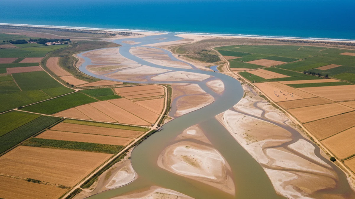 Vista aèria del Delta de l'Ebre amb camps d'arròs i la desembocadura del riu cap al mar, amb signes de sequera.
