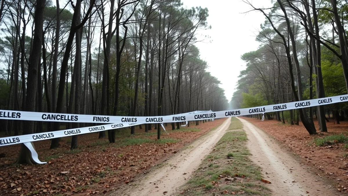 Imatge genèrica d'un camí forestal buit o una cinta de meta en un entorn natural, simbolitzant la suspensió d'una cursa.