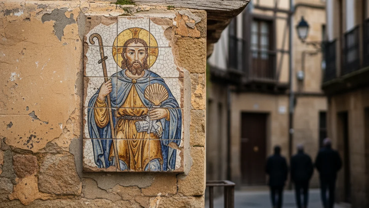 Plaques de rajola antiga amb imatges religioses o històriques en una cantonada d'un carrer de Terrassa.