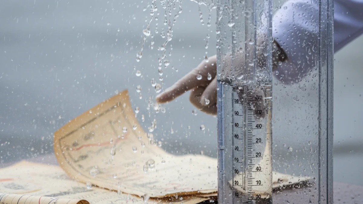 Imatge genèrica d'un pluviòmetre o d'una estació meteorològica sota la pluja, simbolitzant les dades de precipitació.