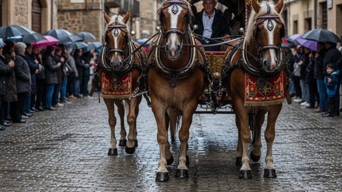 Imatge genèrica de cavalls i carruatges desfilant per un carrer sota una pluja lleugera, amb gent observant des de la vorera.