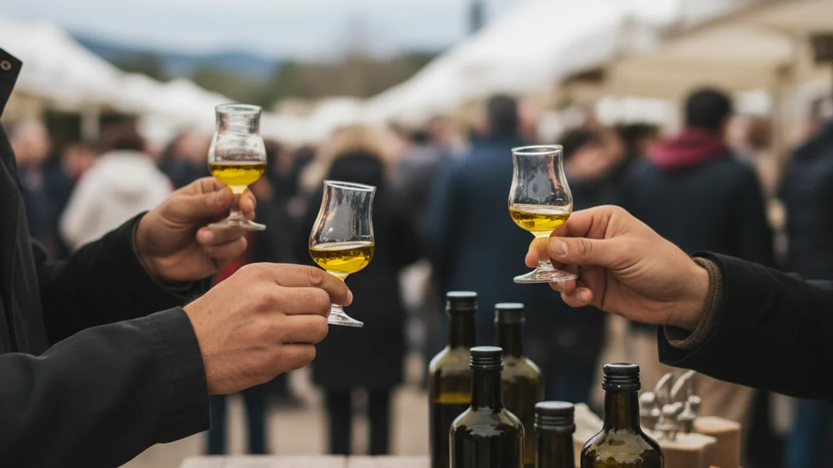 Imatge genèrica d'una degustació d'oli d'oliva en una fira local, amb ampolles i copes petites.