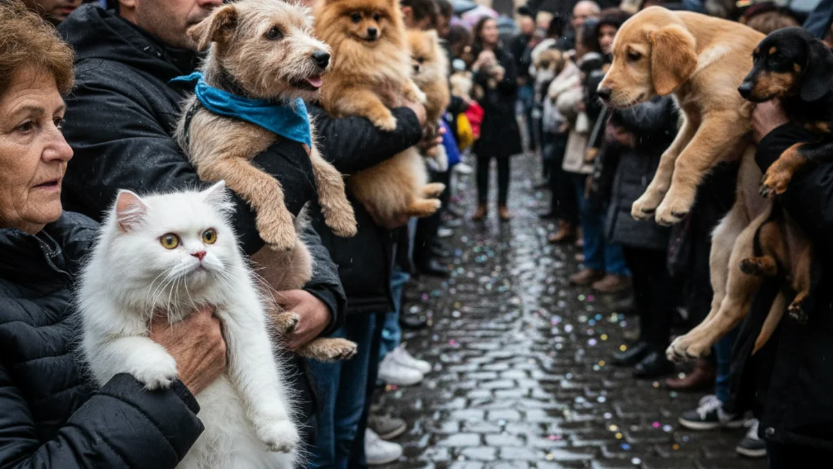 Imatge genèrica de persones beneint animals domèstics (gossos, gats) durant una festivitat tradicional sota la pluja.