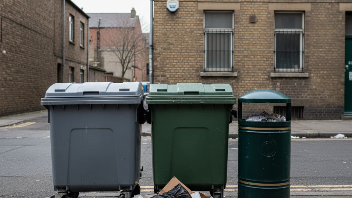 Contenidors de recollida de residus i una paperera en un carrer urbà, simbolitzant la gestió de la brossa.