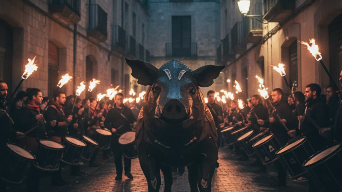 Silueta d'una figura de porc estilitzada envoltada de focs artificials durant una cercavila nocturna.