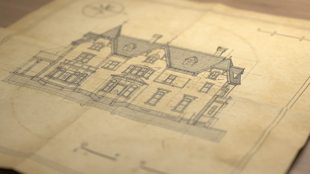 Primer pla d'un antic plànol arquitectònic o esbós d'un edifici residencial del segle XIX.