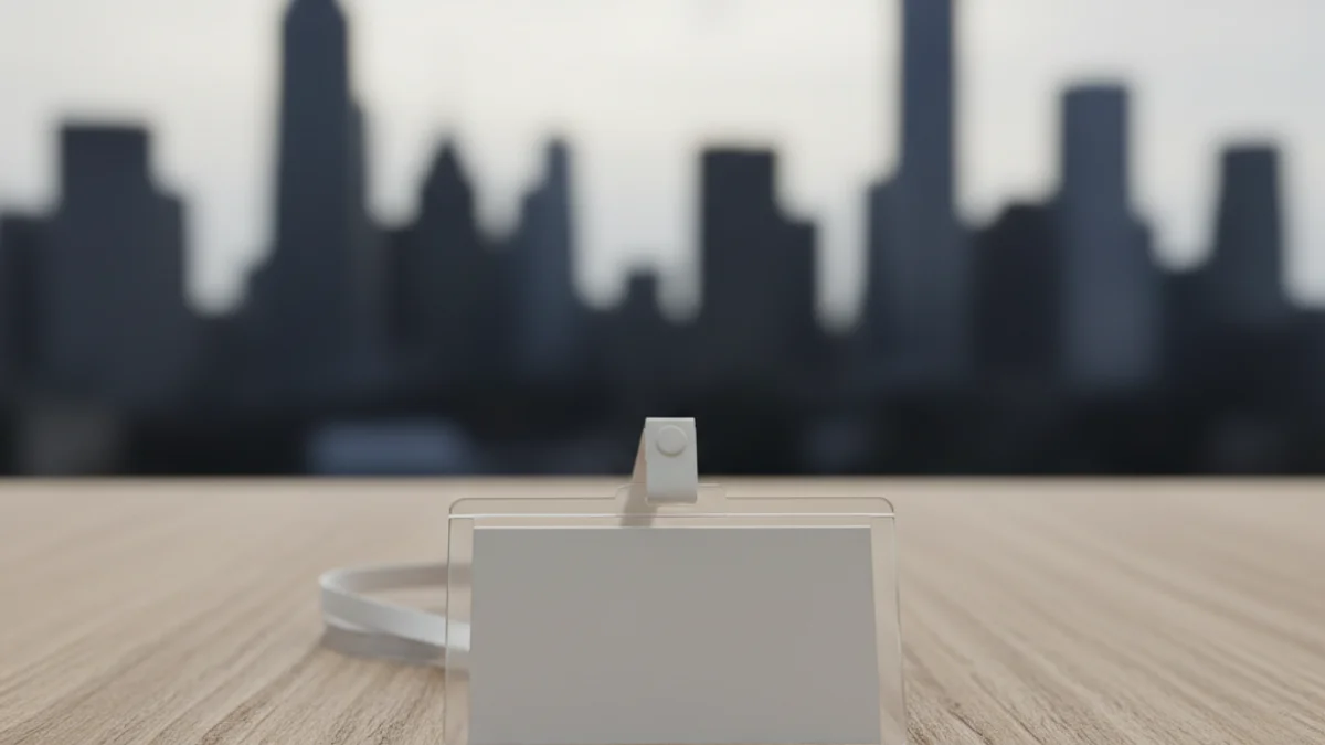 Una targeta d'identificació de congressista sobre una taula, amb un fons borrós d'una ciutat.