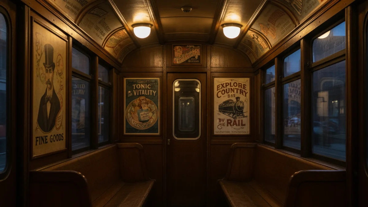 Interior d'un antic vagó de metro amb rètols publicitaris verticals i horitzontals d'època.