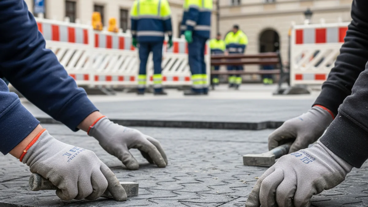 Imatge genèrica d'una plaça en obres amb maquinària i material de pavimentació nou.