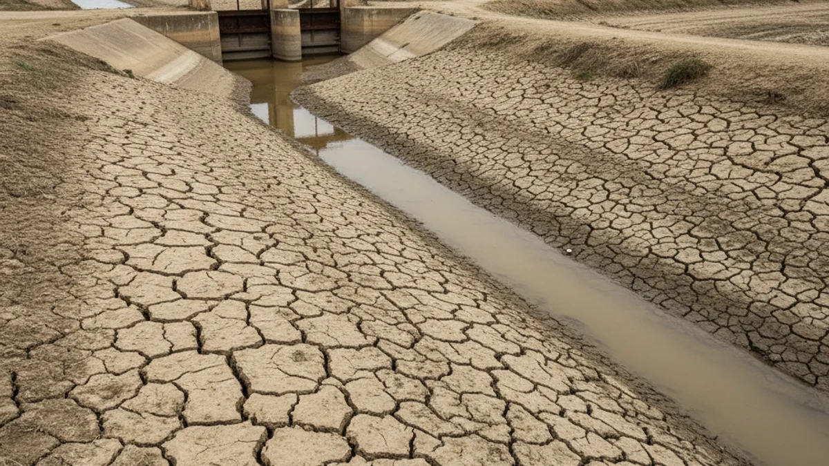 Imatge d'un canal d'irrigació sec o amb molt poc cabal al Delta de l'Ebre, simbolitzant la sequera i la disputa per l'aigua.
