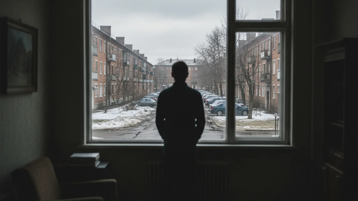 Una figura solitària mirant per una finestra una escena urbana grisa de principis de gener.