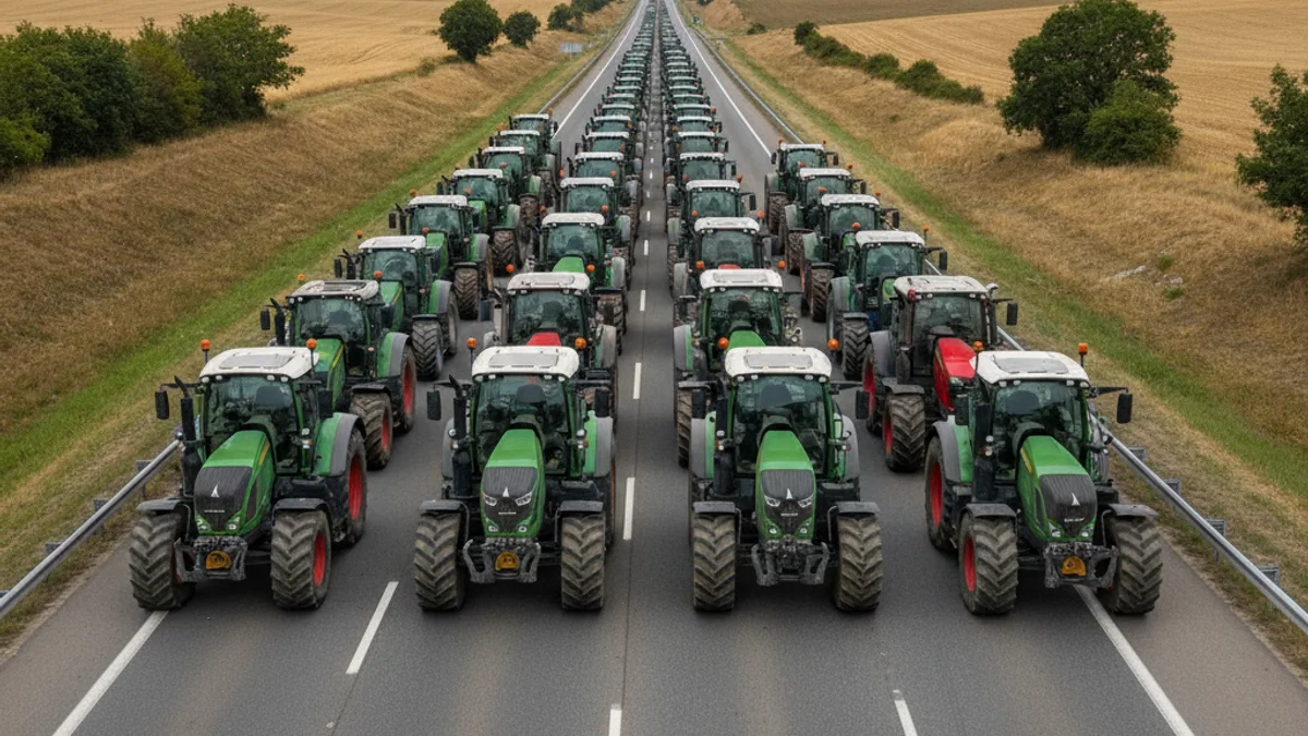 Imatge aèria d'una llarga fila de tractors de pagesos bloquejant una autopista en una protesta social.