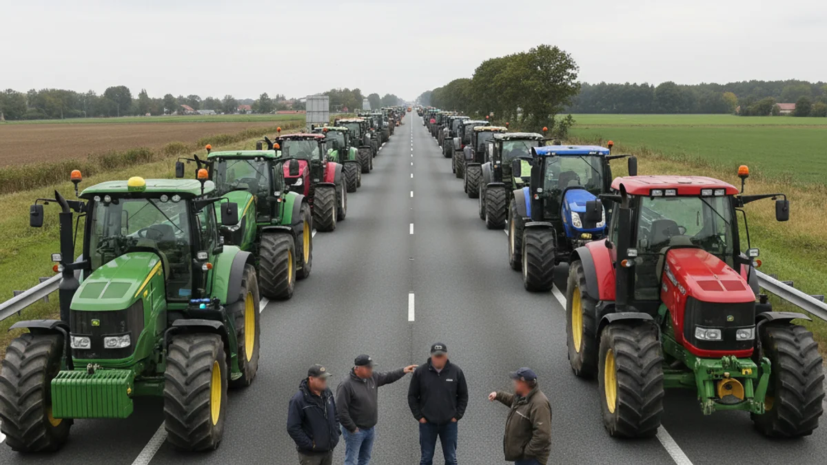 Imatge genèrica d'una barricada de tractors en una carretera tallada, vista des de darrere, durant una protesta agrícola.