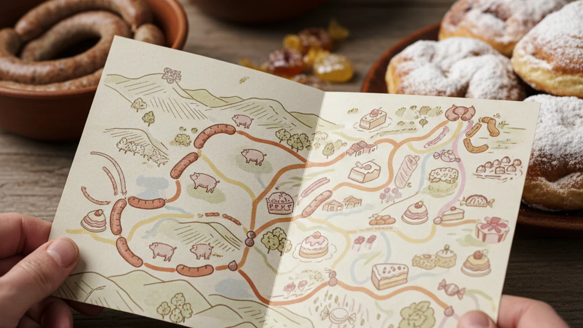 Imatge genèrica d'un mapa o tríptic de rutes gastronòmiques locals sobre una taula de fusta.