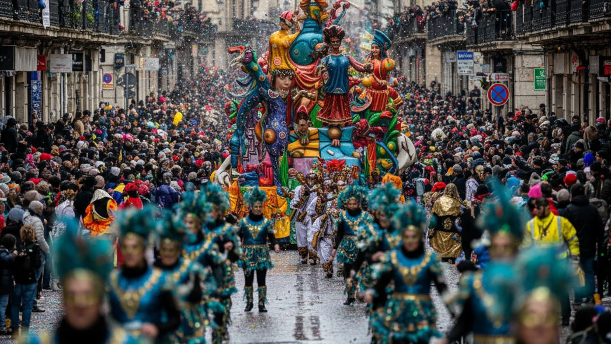 Una multitud de siluetes disfressades durant una rua de Carnaval en un entorn urbà.