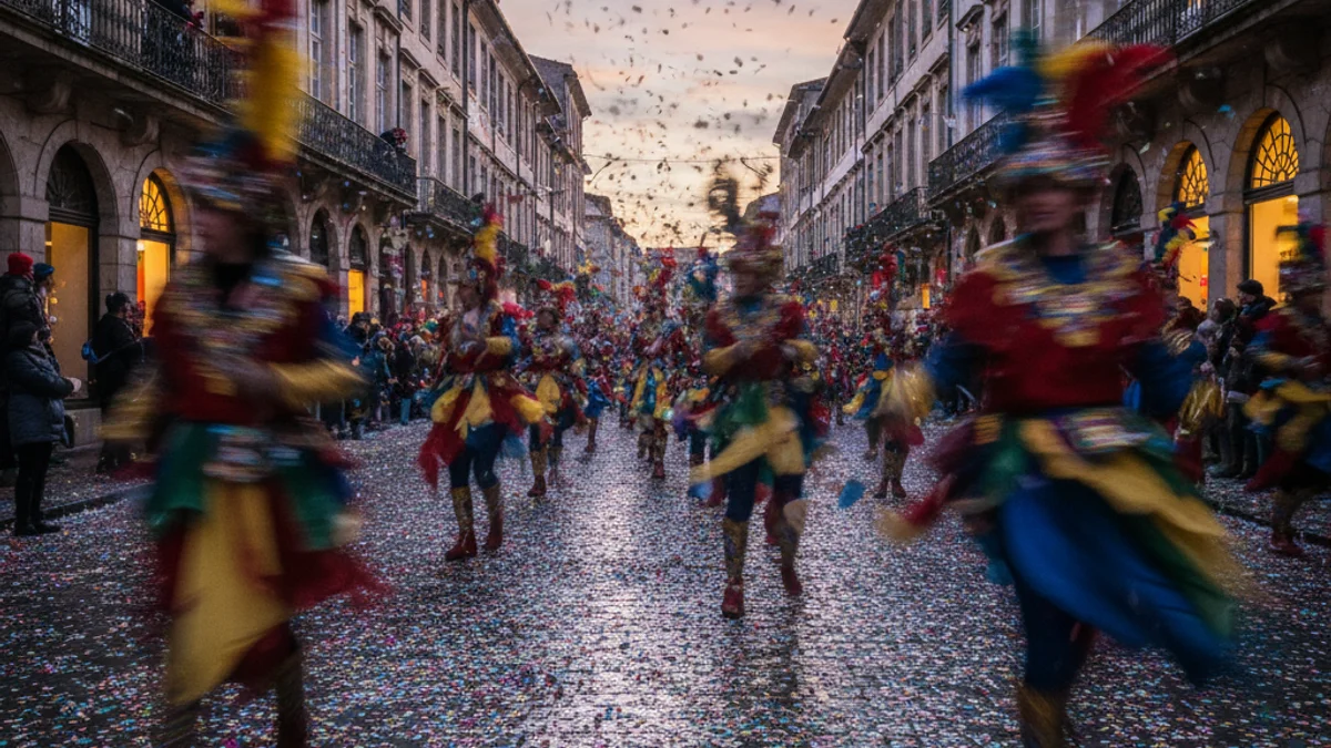 Imatge genèrica d'una rua de Carnaval amb confeti i figures disfressades en un carrer de Barcelona.