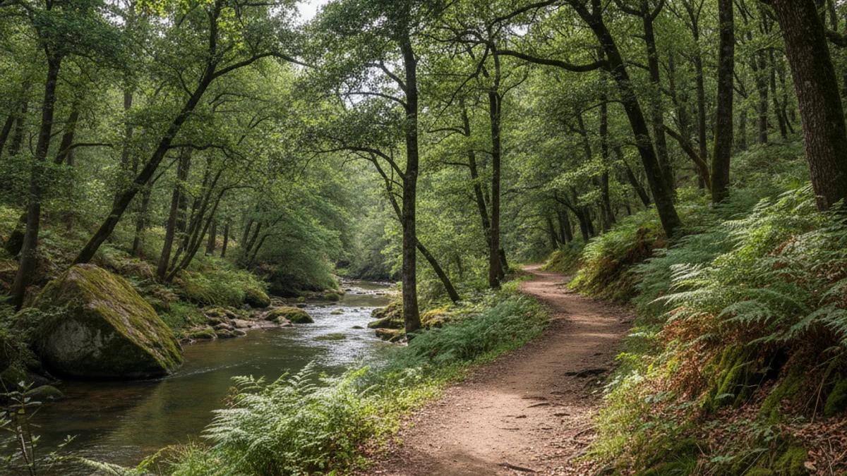 Imatge genèrica d'una ruta de senderisme o cicloturisme amb vegetació exuberant i un riu a la comarca de la Selva.