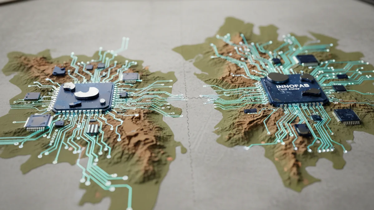 Representació visual d'un mapa o d'una frontera municipal amb elements tecnològics superposats.