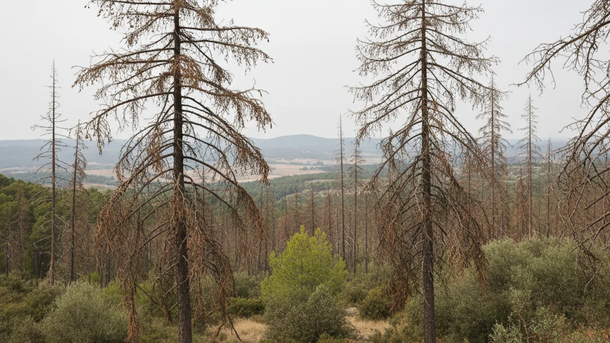 Imatge d'un bosc mediterrani afectat per la sequera, amb pins i alzines mortes o molt danyades.