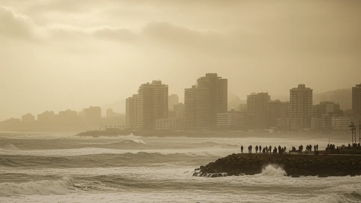 Imatge genèrica de núvols densos sobre la costa catalana amb una lleugera boira de pols sahariana.