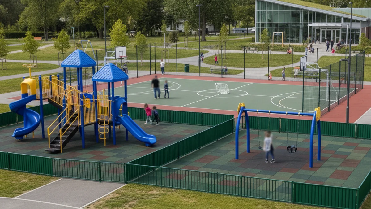 Il·lustració genèrica d'un espai públic segur, amb senyalització i figures borroses de nens jugant.