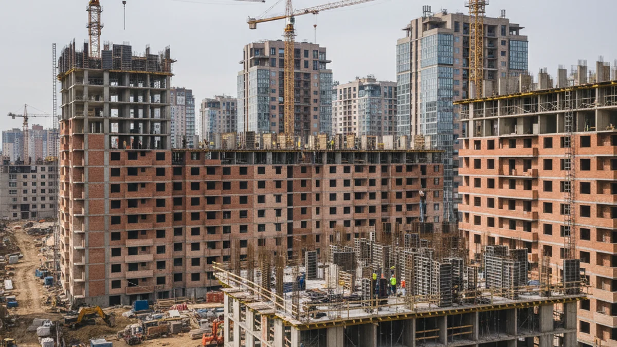 Vista d'un projecte d'habitatge social modern en construcció, amb grues i estructures d'edificis.