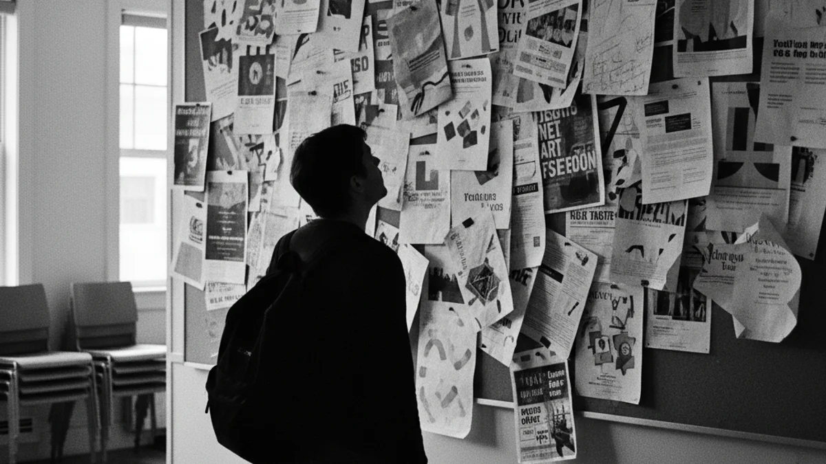 Una persona observant un cartell d'anuncis culturals en un centre cívic, amb figures borroses al fons.