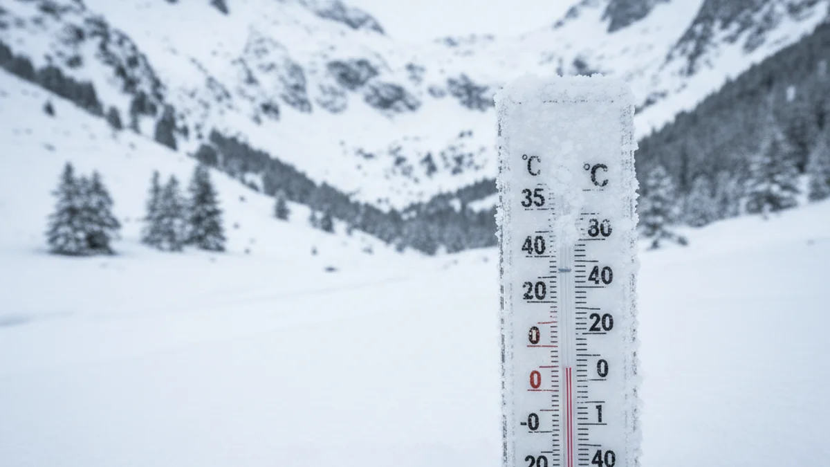 Paisatge muntanyenc cobert de gebrada i neu, amb termòmetres indicant temperatures extremadament baixes.