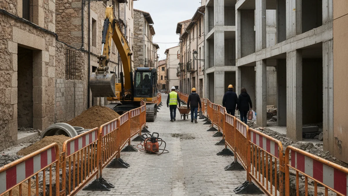 Vista genèrica d'un carrer d'un centre històric en obres de rehabilitació urbana.