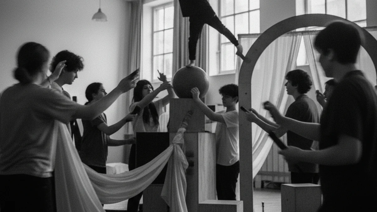 Joves participant en un taller d'arts escèniques o observant un escenari buit en un teatre.