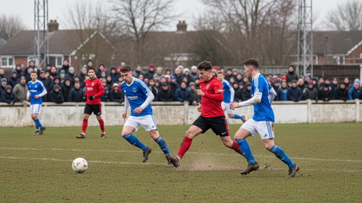 Vista genèrica d'un partit de futbol de categoria regional, amb jugadors en acció i la pilota al centre del camp.