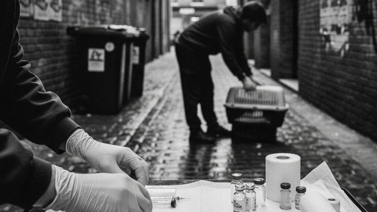 Una persona manipulando material veterinario para esterilización de gatos en un entorno urbano.