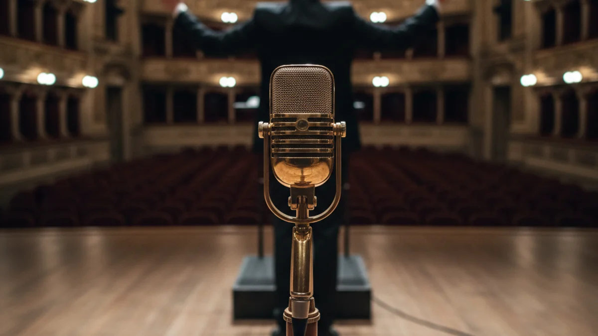Una soprano actuant en un escenari d'òpera amb llums tènues i un piano.