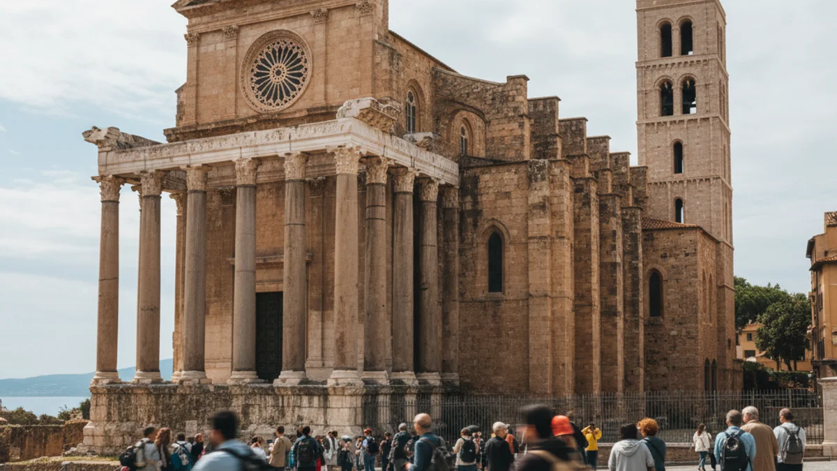 Vista genèrica d'una ciutat històrica amb patrimoni romà i una catedral, amb un enfocament en la promoció turística.
