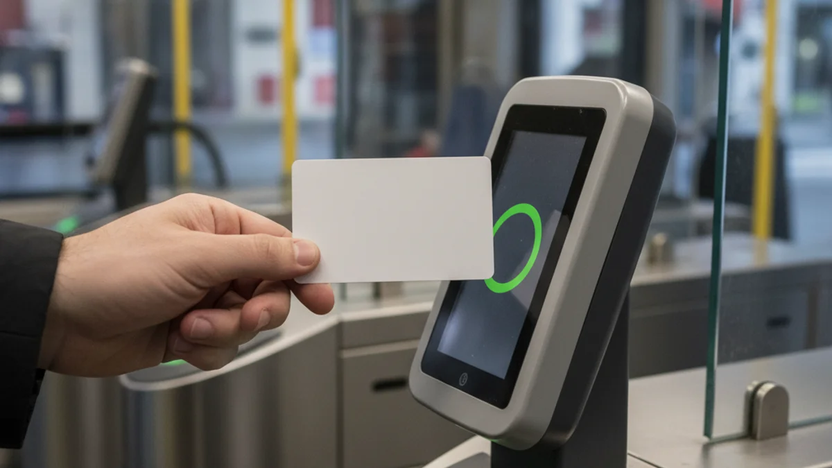Targeta de transport contactless amb un fons que representa la mobilitat urbana i la integració de serveis.