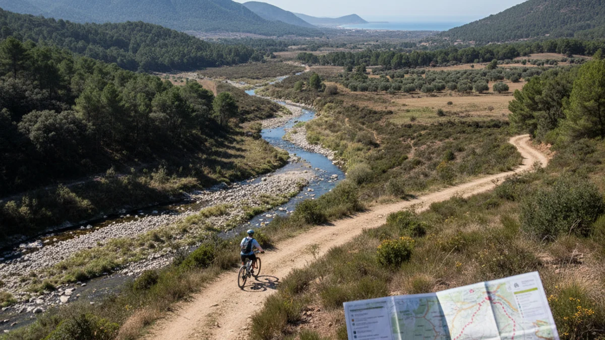 Imatge genèrica d'un senderista o ciclista en una ruta natural que connecta muntanya i mar.