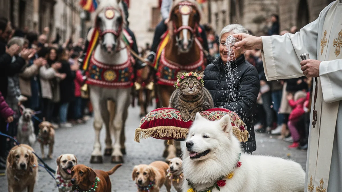 Imatge genèrica d'una desfilada tradicional amb animals de companyia i cavalls en un carrer de ciutat.