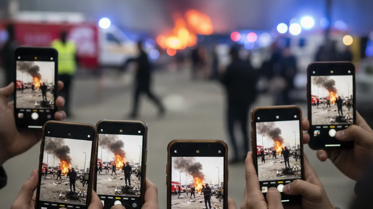 Primer pla de diverses mans sostenint telèfons intel·ligents, gravant un esdeveniment, amb el fons borrós.