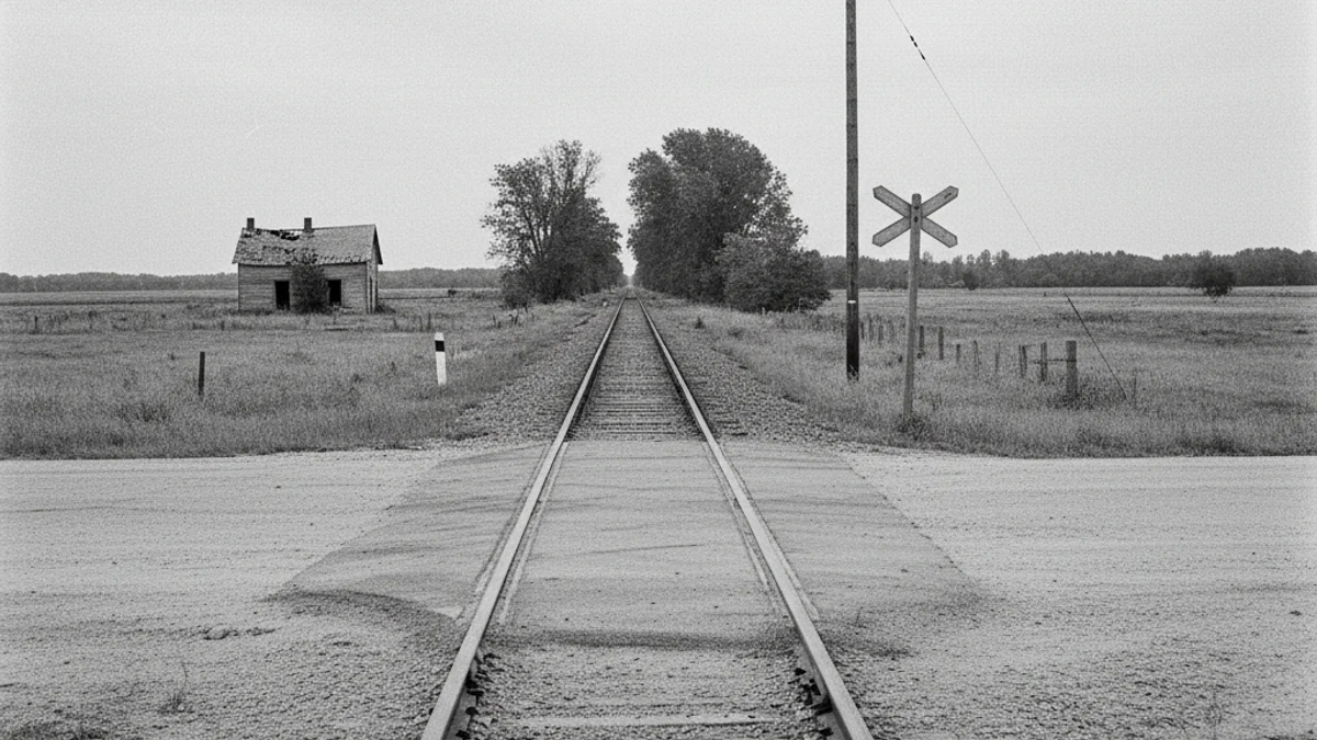 Imatge genèrica d'un pas a nivell sense barreres en una zona rural, amb vies de tren i una carretera.