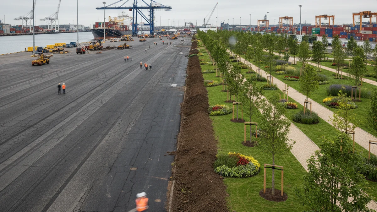 Vista aèria d'una zona portuària en construcció, amb maquinària pesada i zones d'asfalt que es converteixen en espais verds.