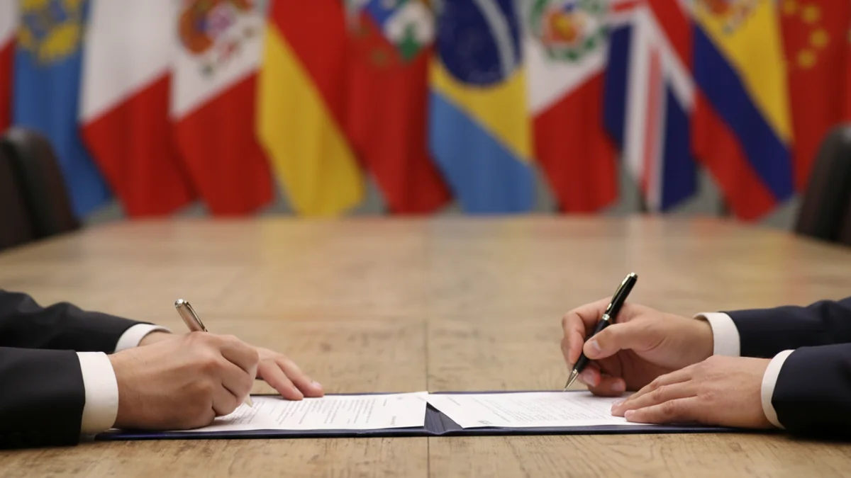 Representació genèrica d'una reunió internacional o d'un acord comercial amb mapes i documents.