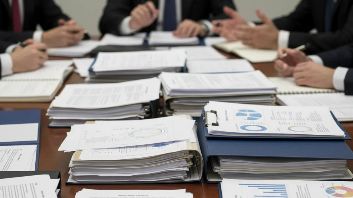 Representació visual d'una reunió de negociació comercial o d'un acord internacional, amb documents i banderes.