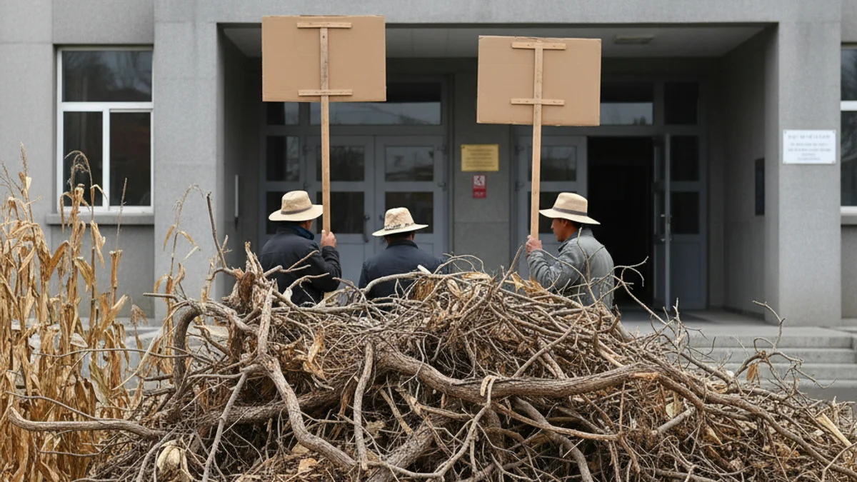 Imatge genèrica d'una protesta agrícola, amb branques seques d'avellaners dipositades davant d'un edifici institucional.