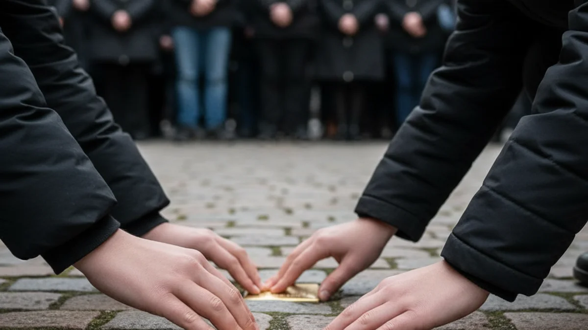 Estudiants participant en un acte de memòria històrica sobre l'Holocaust a la ciutat de Lleida, amb una placa commemorativa.