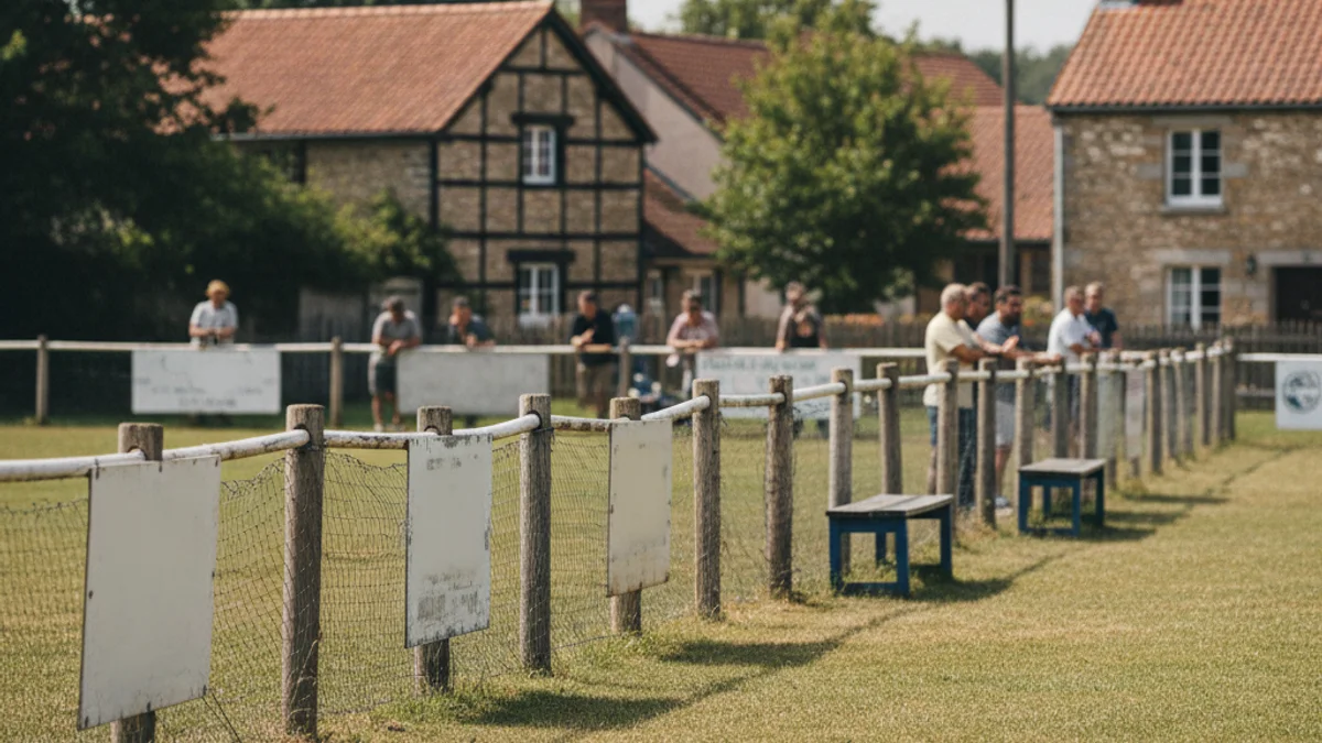 Vista d'un petit estadi de futbol de gespa natural amb tanques de publicitat local, sense espectadors recognoscibles.