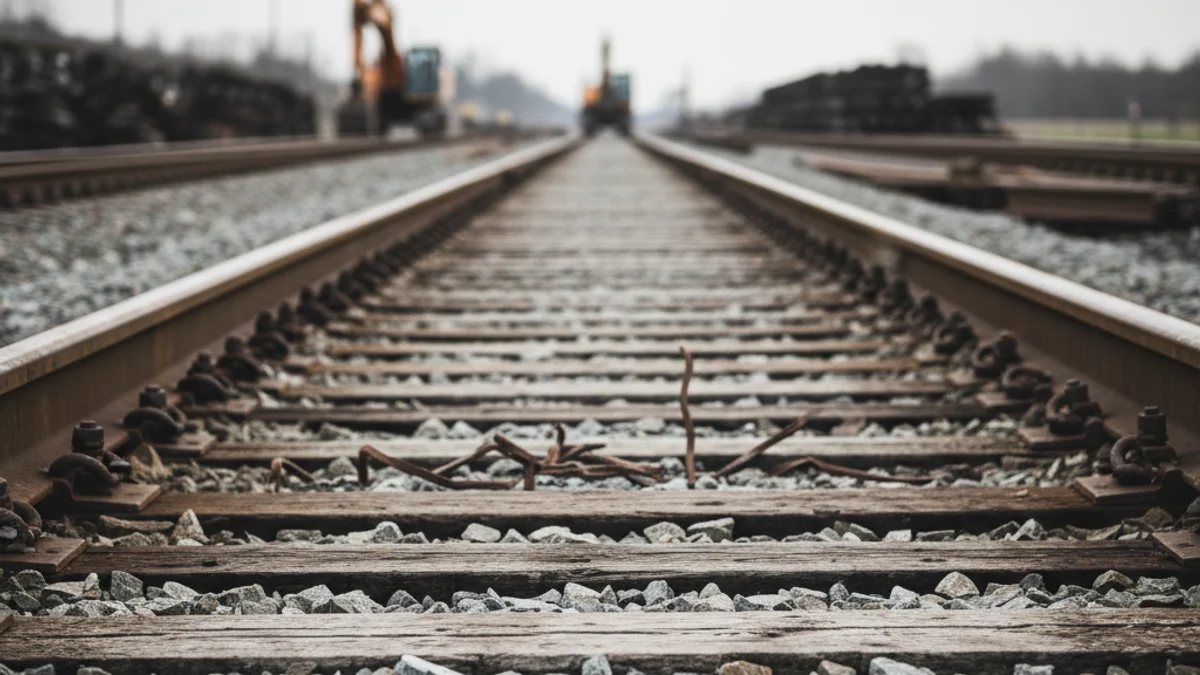 Imatge genèrica d'una via de tren amb senyals de desgast o treballs de manteniment, sense persones visibles.