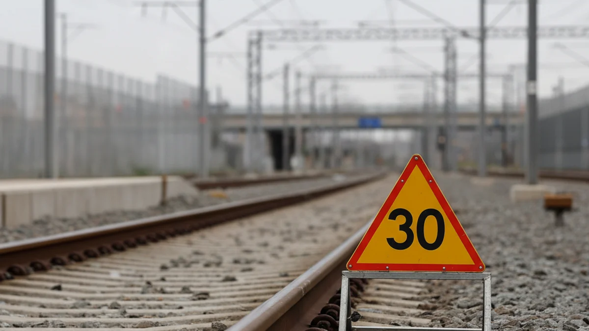 Vías de tren con señales de limitación de velocidad temporal en un tramo de la red ferroviaria catalana.