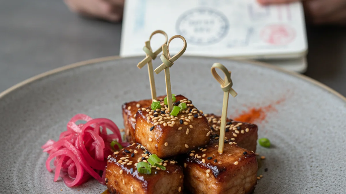 Imatge genèrica d'una tapa de porc creativa servida en un plat en un ambient de restaurant.