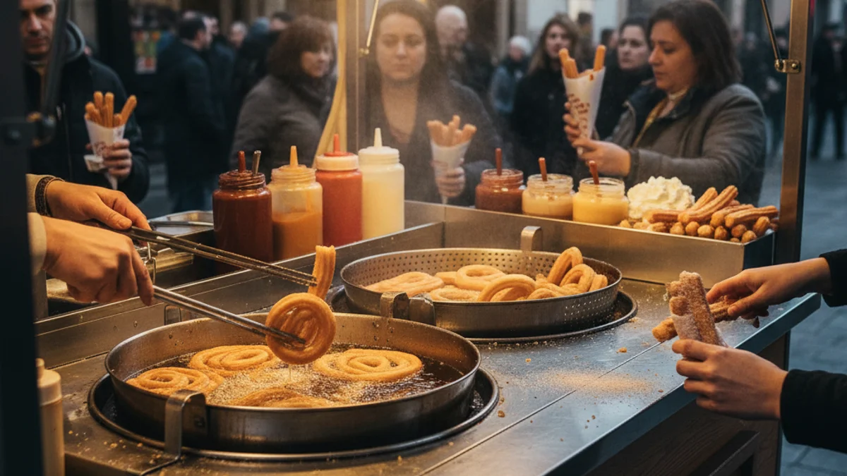 Imatge genèrica d'una parada de xurros amb productes dolços i xocolata desfeta, amb figures borroses de fons.